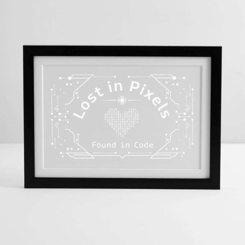 Perdu dans les pixels – Trouvé dans le code Affiche encadrée (37 × 27 cm)