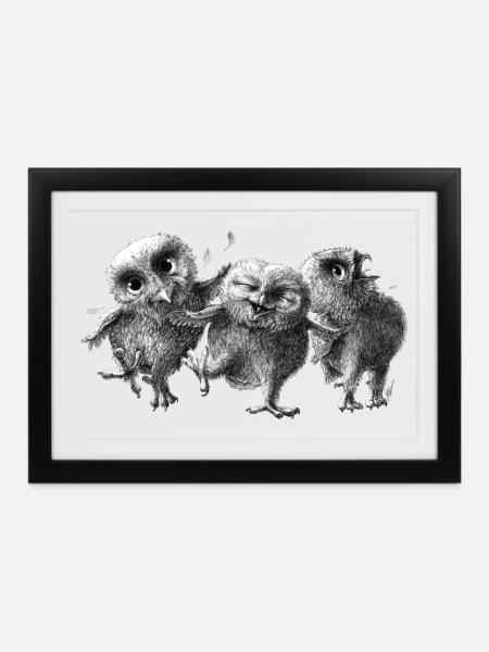 drei glückliche eulen - Gerahmtes Poster (37 × 27 cm) - Schwarz