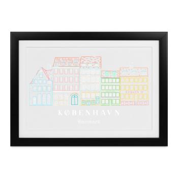 Kopenhagen, alter Hafen handgezeichnete Häuser - Gerahmtes Poster (37 × 27 cm) - Schwarz - Vorne