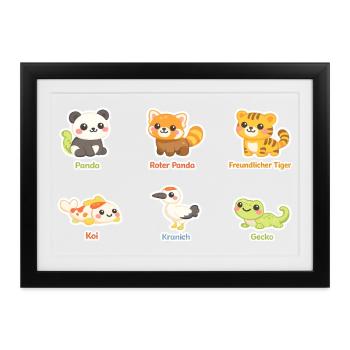 Kuscheltier-Tierfreunde Stickerset - Gerahmtes Poster (37 × 27 cm) - Schwarz - Vorne