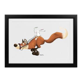 Flitzer Fuchs mit Häschenreiter Hase Reitet Fuchs - Gerahmtes Poster (37 × 27 cm) - Schwarz - Vorne