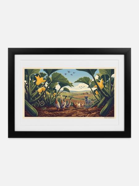 Hofleben Hühner Hund Felder - Gerahmtes Poster (37 × 27 cm) - Schwarz
