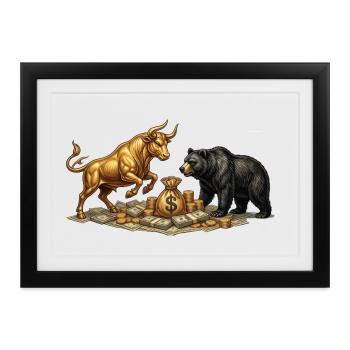 Bulle und Bär Börse Aktien Trading Finanzmarkt - Gerahmtes Poster (37 × 27 cm) - Schwarz - Vorne