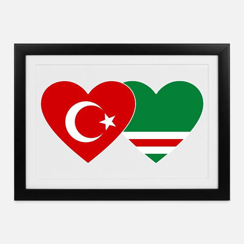 Turquie Drapeau Tchétchénie Coeur - Affiche encadrée (37 × 27 cm) - noir