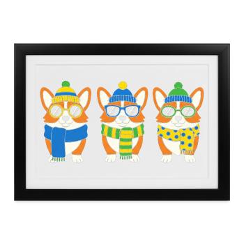 Winter-Corgi-Trio mit Accessoires - Gerahmtes Poster (37 × 27 cm) - Schwarz - Vorne