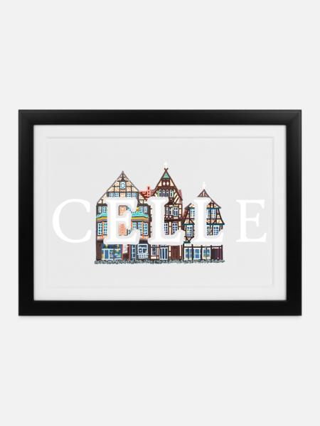 Celle, Niedersachsen, Fachwerkhäuser, Deutschland - Gerahmtes Poster (37 × 27 cm) - Schwarz