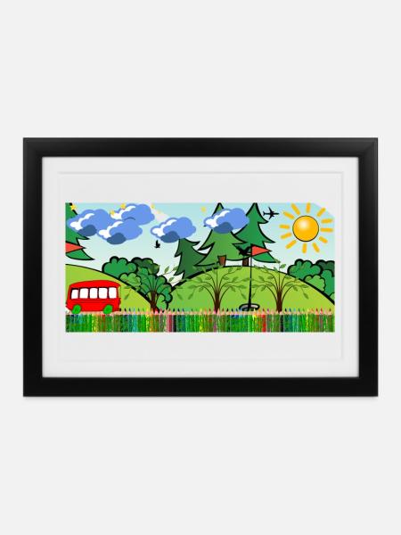 Sonnenfröhliche Waldlandschaft mit Bus - Gerahmtes Poster (37 × 27 cm) - Schwarz