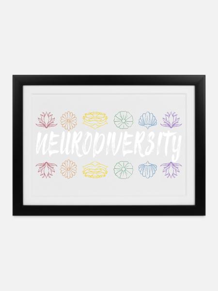 Neurodiversität Regenbogen-Floraltypografie - Gerahmtes Poster (37 × 27 cm) - Schwarz