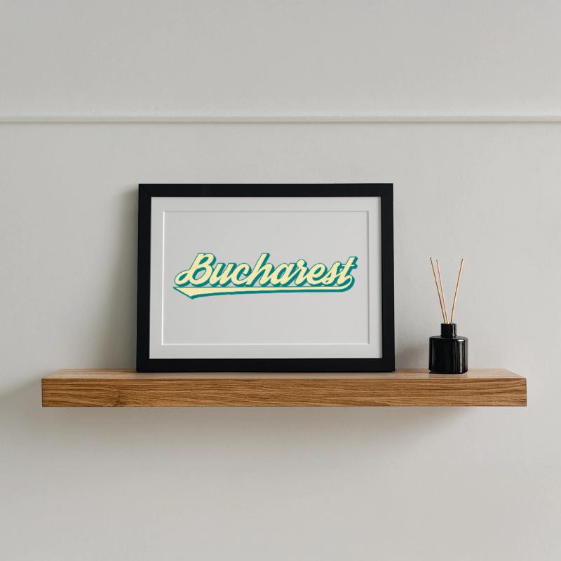 Bucharest Retro Script Gerahmtes Poster (37 × 27 cm)