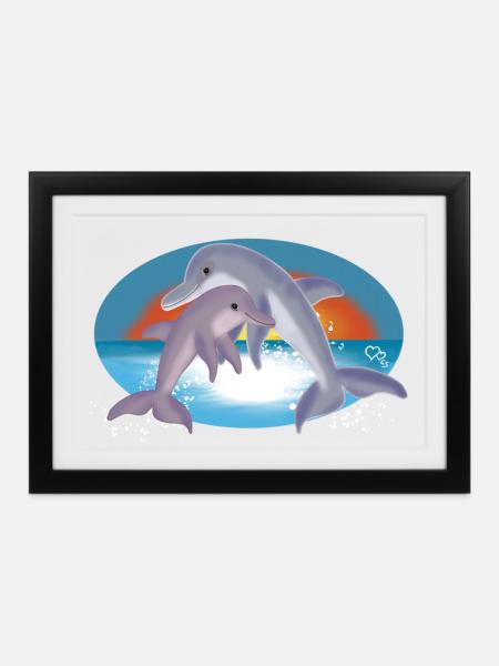 Fröhliche Delfin-Paar Illustration - Gerahmtes Poster (37 × 27 cm) - Schwarz