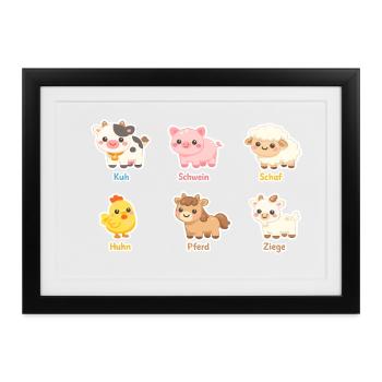 Kuschelige Tierfreunde Stickerset - Gerahmtes Poster (37 × 27 cm) - Schwarz - Vorne