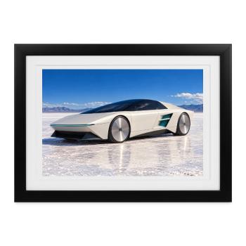 Weißer Retro-Concept-Car auf Salzsee - Gerahmtes Poster (37 × 27 cm) - Schwarz - Vorne