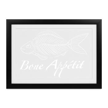 Bone Appétit – Funny Fish Skeleton Food Pun - Gerahmtes Poster (37 × 27 cm) - Schwarz - Vorne