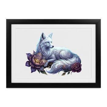 Himmelblauer Wolf unter Blumen - Gerahmtes Poster (37 × 27 cm) - Schwarz - Vorne