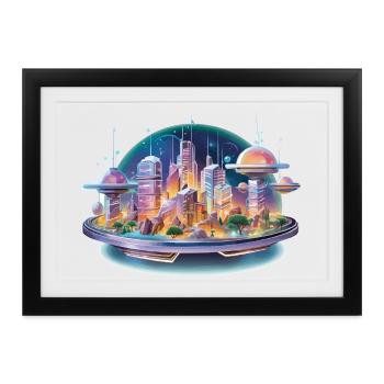 Futuristische Stadtinsel im Neonlicht - Gerahmtes Poster (37 × 27 cm) - Schwarz - Vorne