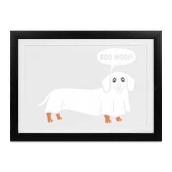 Dackel Boo Wuff – Geisterlustiger Halloween-Hund - Gerahmtes Poster (37 × 27 cm) - Schwarz - Vorne