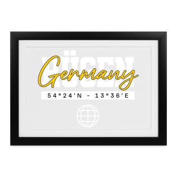 Rügen Deutschland Koordinaten Reise Souvenir - Gerahmtes Poster (37 × 27 cm) - Schwarz - Vorne