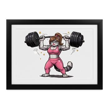 Gym Katze Brünette – Fitness & Workout Motiv - Gerahmtes Poster (37 × 27 cm) - Schwarz - Vorne