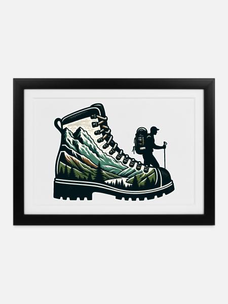 Wanderschuhe Mountain Trekkeur Randonneur - Gerahmtes Poster (37 × 27 cm) - Schwarz