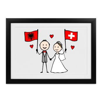 Hochzeitspaar Albanien Schweiz Flagge - Gerahmtes Poster (37 × 27 cm) - Schwarz - Vorne
