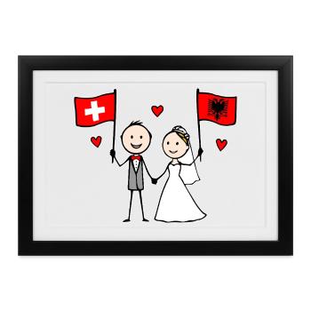 Hochzeitspaar Schweiz Albanien Flagge - Gerahmtes Poster (37 × 27 cm) - Schwarz - Vorne