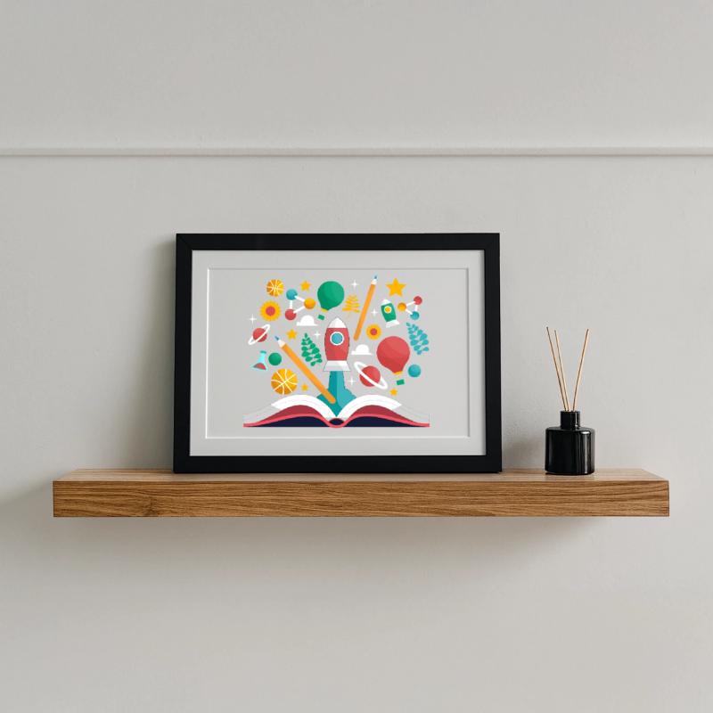 Open Book with School Objects, Learning and Educat Framed poster (37 × 27 cm)