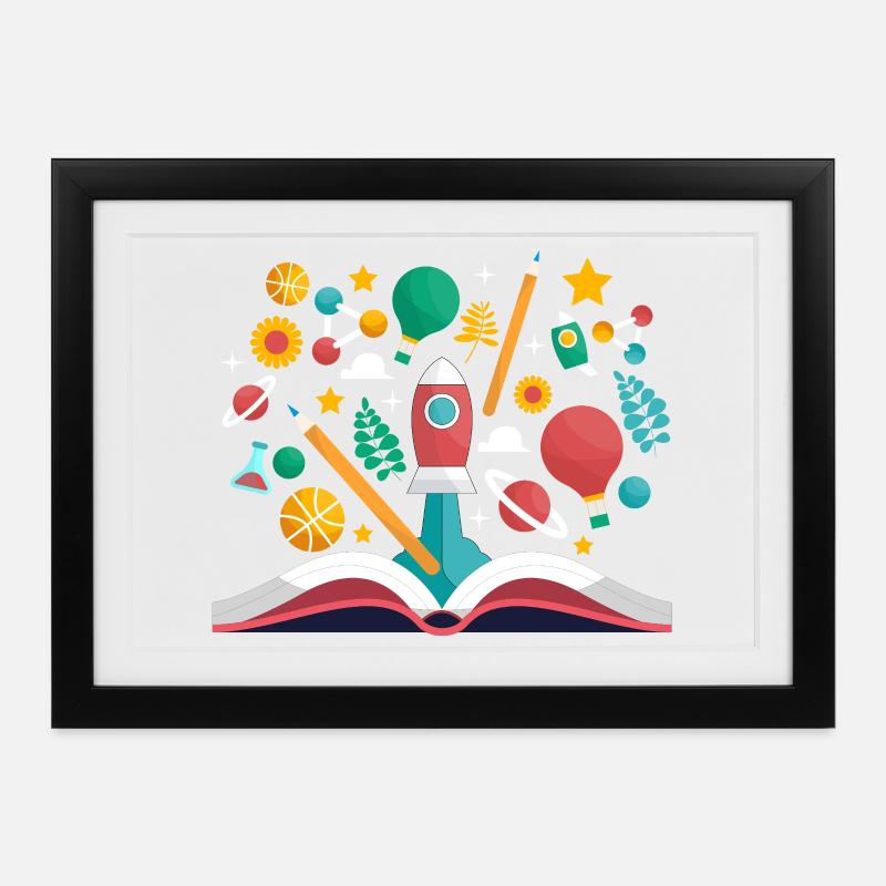 Open Book with School Objects, Learning and Educat - Framed poster (37 × 27 cm) - black