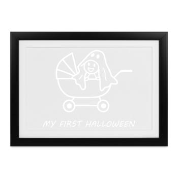 My First Halloween – Süßes  Baby im Kinderwagen - Gerahmtes Poster (37 × 27 cm) - Schwarz - Vorne