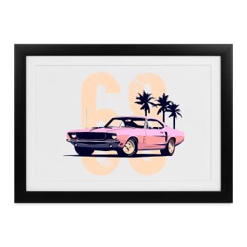 Retro Rosa Muscle-Car-Sonnenuntergangsszene - Gerahmtes Poster (37 × 27 cm) - Schwarz - Vorne