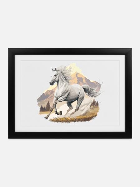 Hoch springendes Pferd in Berglandschaft - Gerahmtes Poster (37 × 27 cm) - Schwarz
