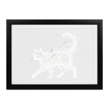 Minimalistisches Scribble Katze Line Art Japanisch - Gerahmtes Poster (37 × 27 cm) - Schwarz - Vorne