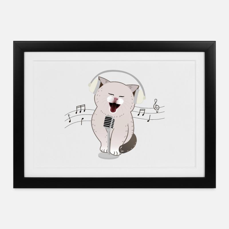 Chat mignon chantant avec des écouteurs et un microphone - Affiche encadrée (37 × 27 cm) - noir