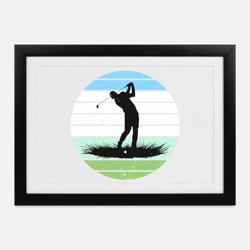 Silhouette de golf en cercle à rayures rétro - Affiche encadrée (37 × 27 cm) - noir