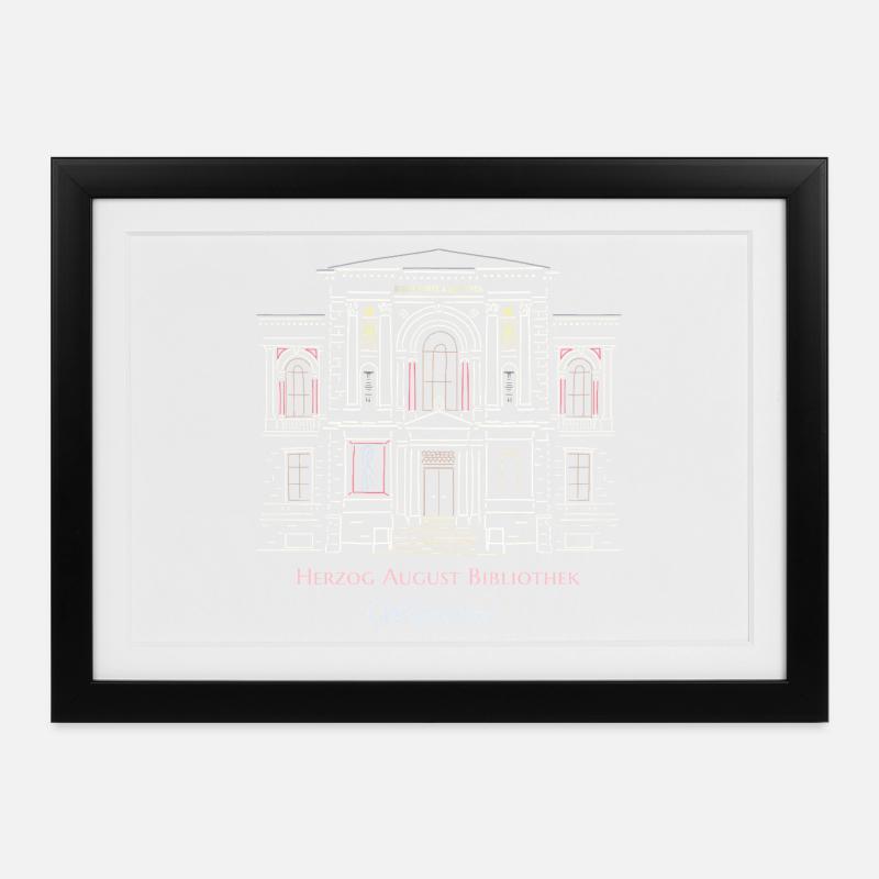 Wolfenbüttel, bibliothèque dessinée à la main - Affiche encadrée (37 × 27 cm) - noir