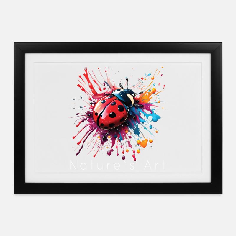 Buntes Marienkäfer-Design, Kunst der Natur, weißer Text - Gerahmtes Poster (37 × 27 cm) - Schwarz