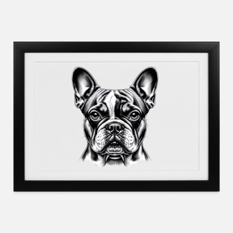 Tête de bouledogue français - Affiche encadrée (37 × 27 cm) - noir