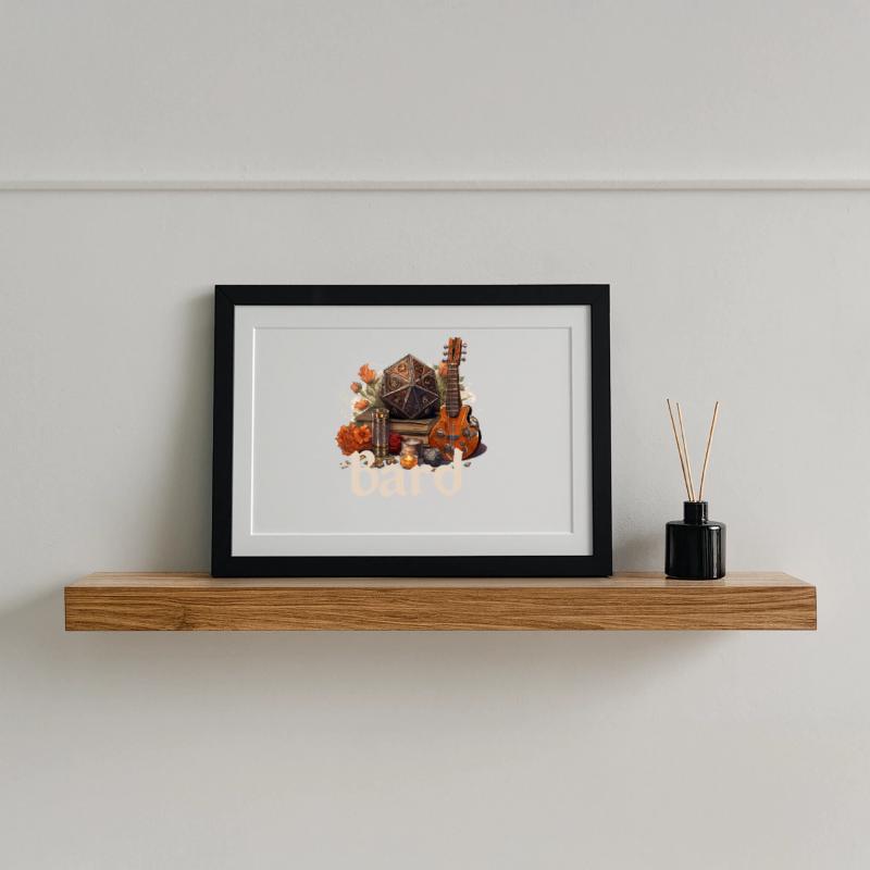 Barde avec D20 et objets – Conception de RPG fantastique Affiche encadrée (37 × 27 cm)