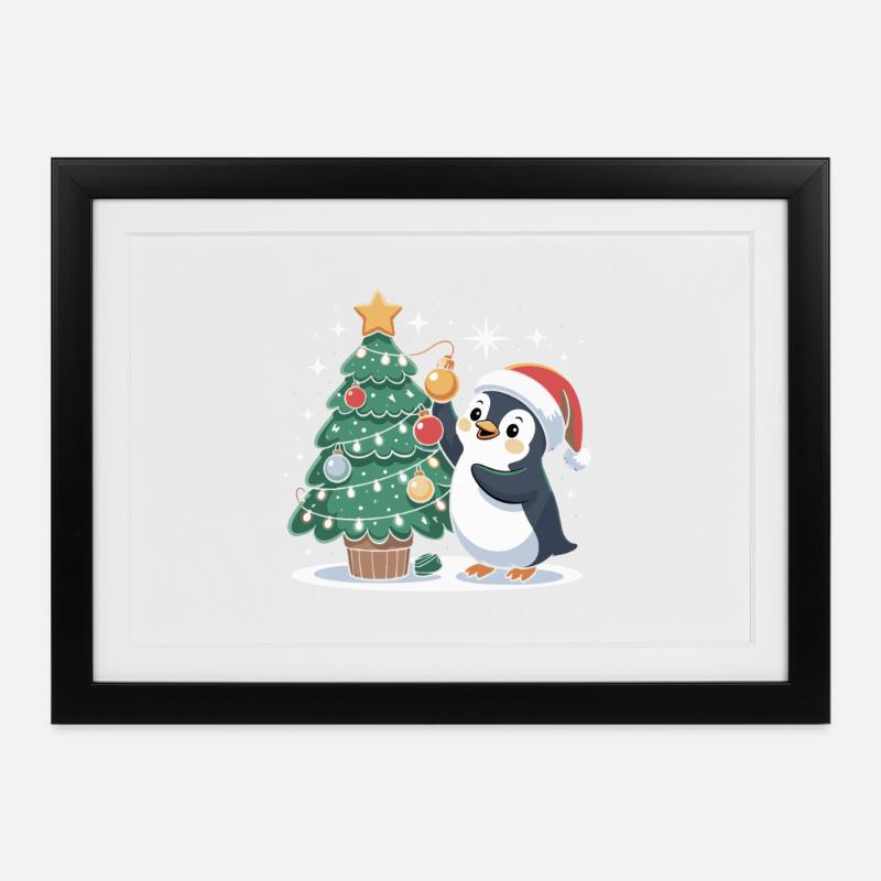 Penguin decorates Christmas tree - Framed poster (37 × 27 cm) - black