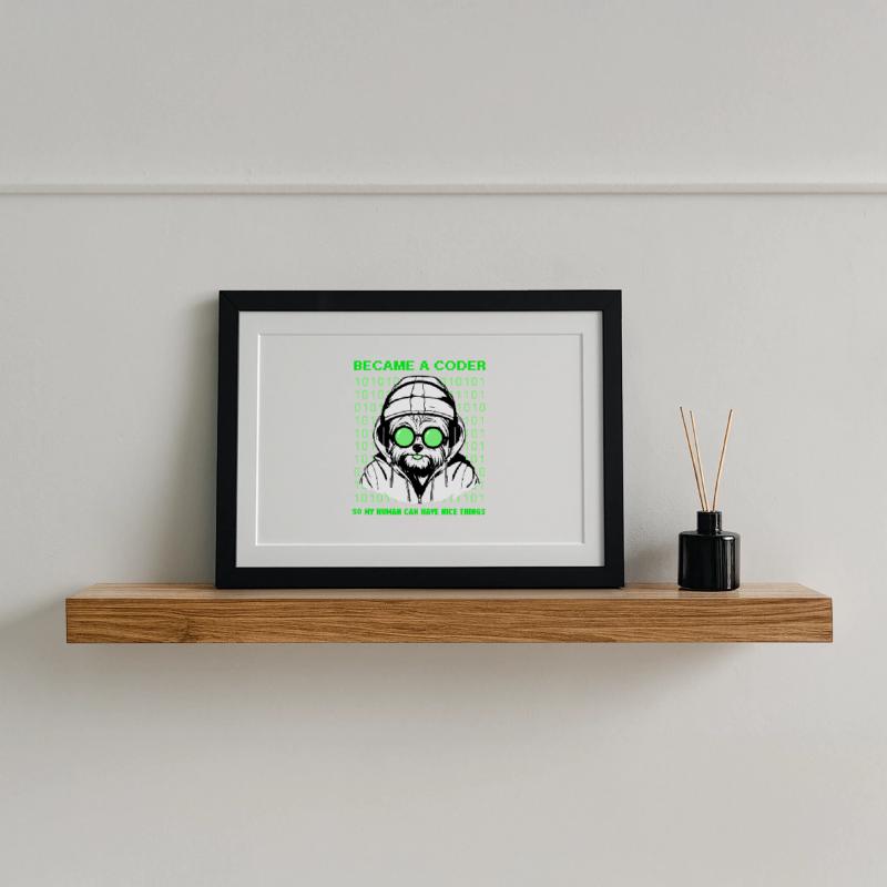 Devenu codeur – Hacker Dog Binary Look Affiche encadrée (37 × 27 cm)