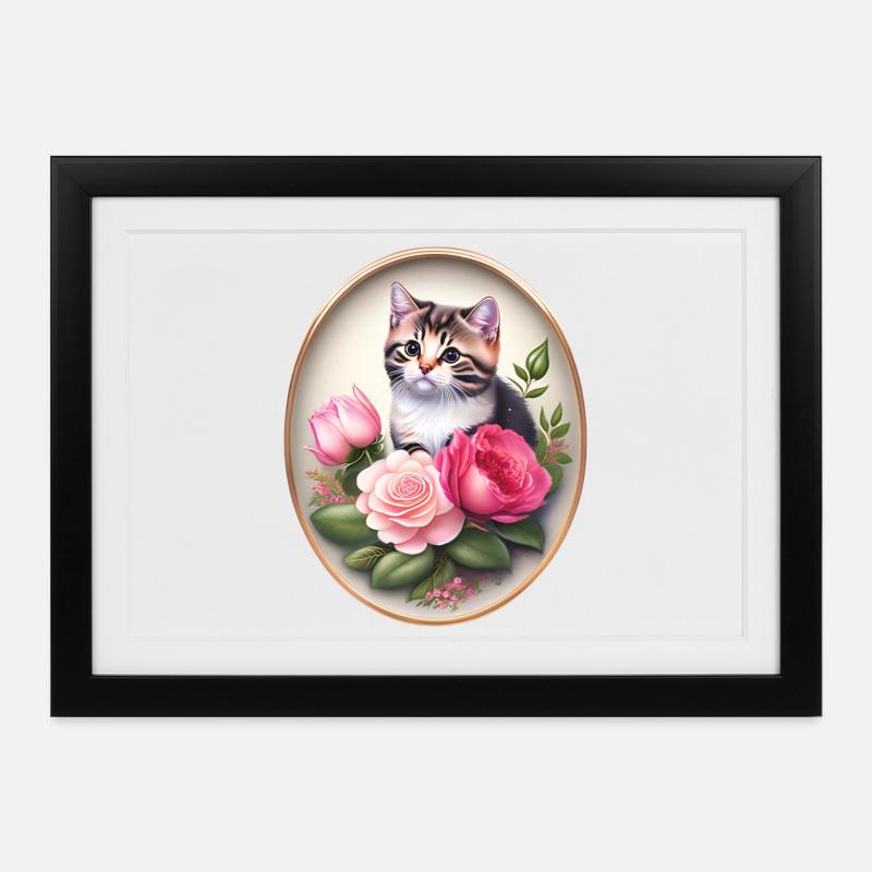 Portrait de chat vintage avec des roses - Affiche encadrée (37 × 27 cm) - noir
