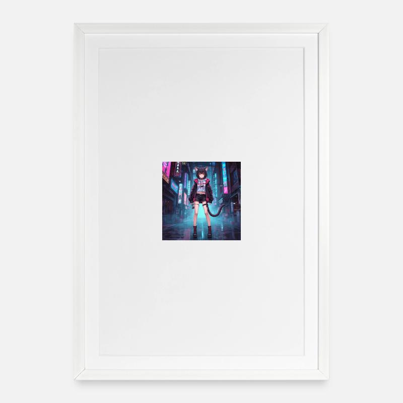 Chat néon dans le quartier cyber - Affiche encadrée (49 × 69 cm) - blanc