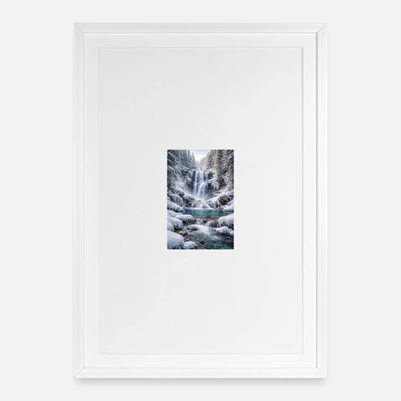 Cascade hivernale dans une forêt enneigée - Affiche encadrée (49 × 69 cm) - blanc