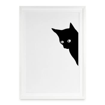 Verspieltes Katzenmotiv im Schwarz-Weiß Stil - Gerahmtes Poster (49 × 69 cm) - Weiß - Vorne