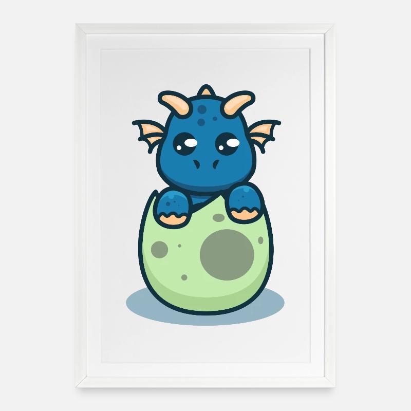 Bébé Dragon dans l’œuf – Un design fantastique mignon - Affiche encadrée (49 × 69 cm) - blanc