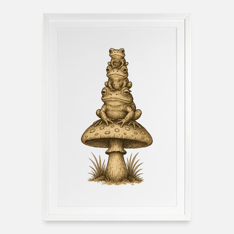 Frog Totem on Mushroom Stack - Framed poster (49 × 69 cm) - white