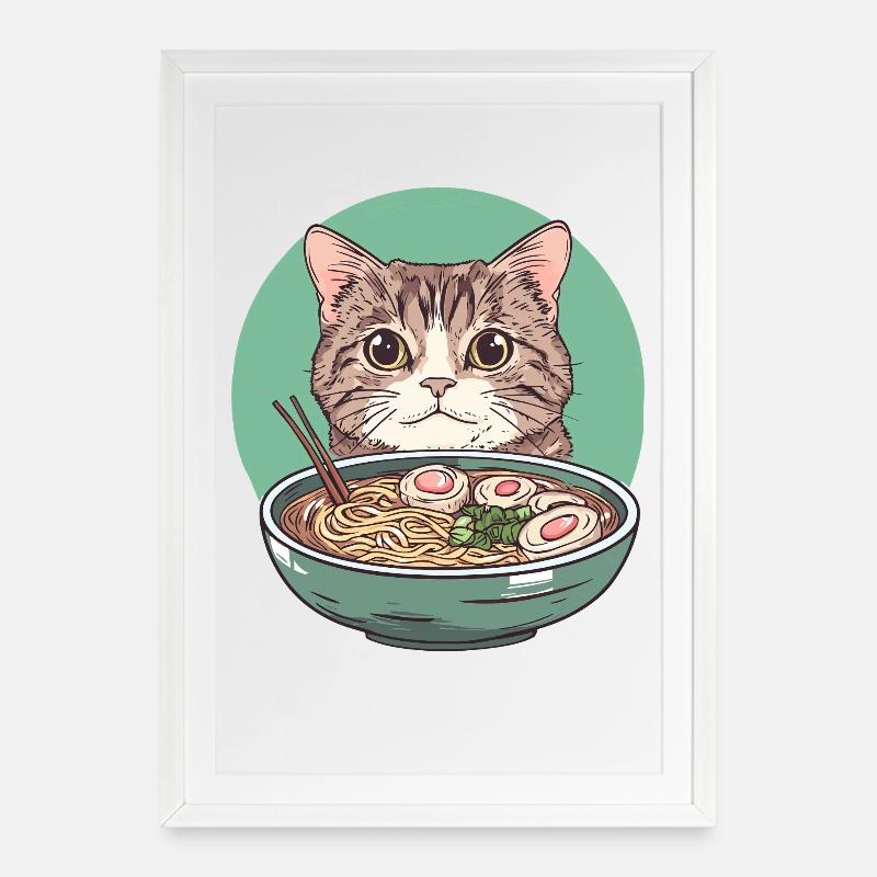 Cat with Ramen: Noodle Purring - Framed poster (49 × 69 cm) - white