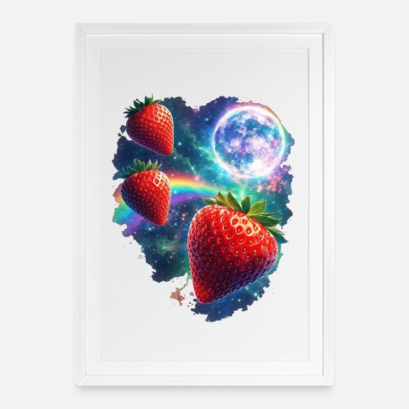Kosmische Erdbeeren im Sternenlicht - Gerahmtes Poster (49 × 69 cm) - Weiß