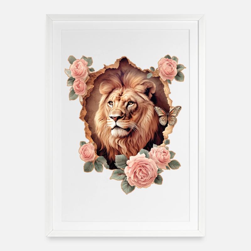 Löwe Vintage - Gerahmtes Poster (49 × 69 cm) - Weiß
