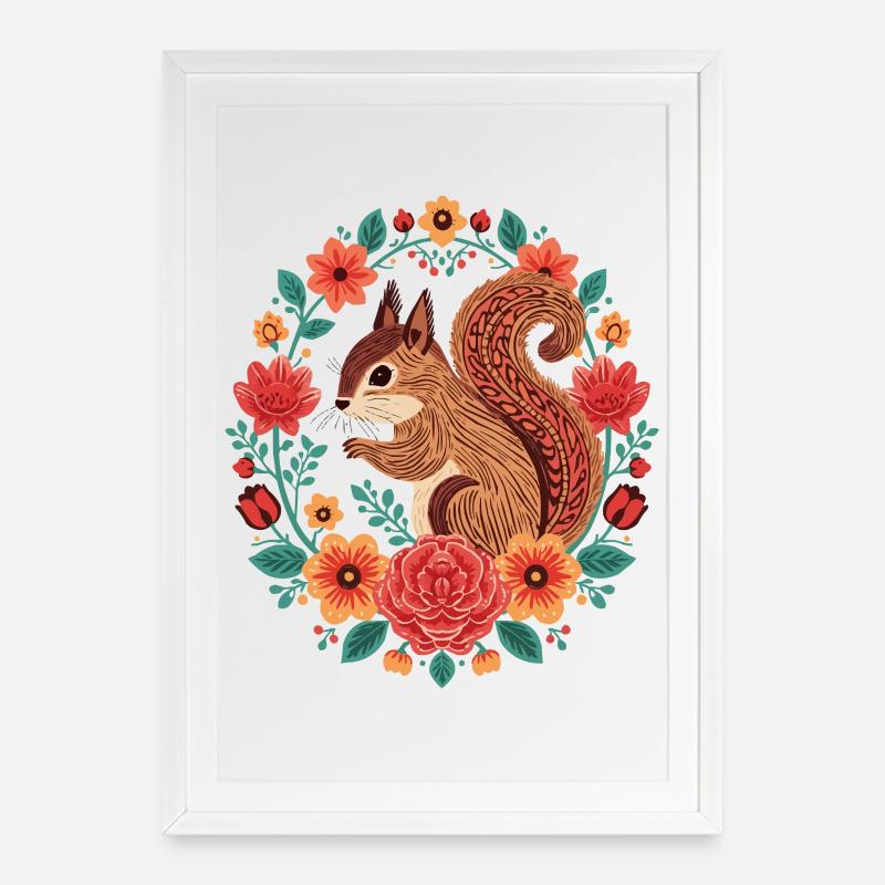 Écureuil dans le cercle de fleurs - Affiche encadrée (49 × 69 cm) - blanc