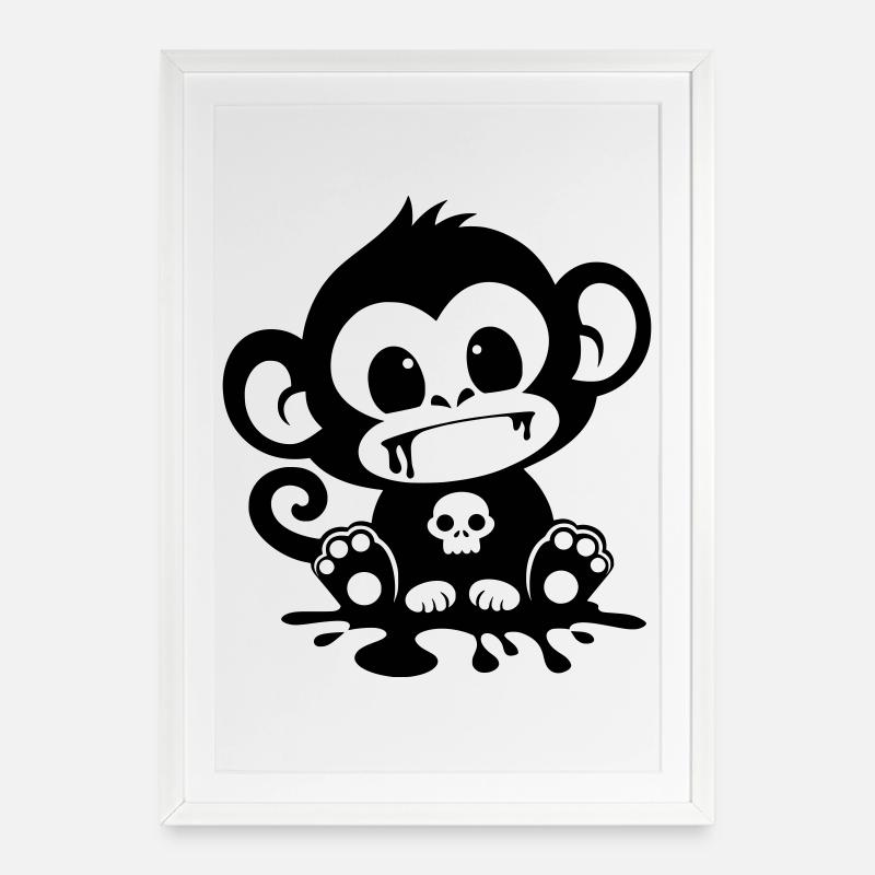 Singe Effrayant avec un Crâne - Affiche encadrée (49 × 69 cm) - blanc